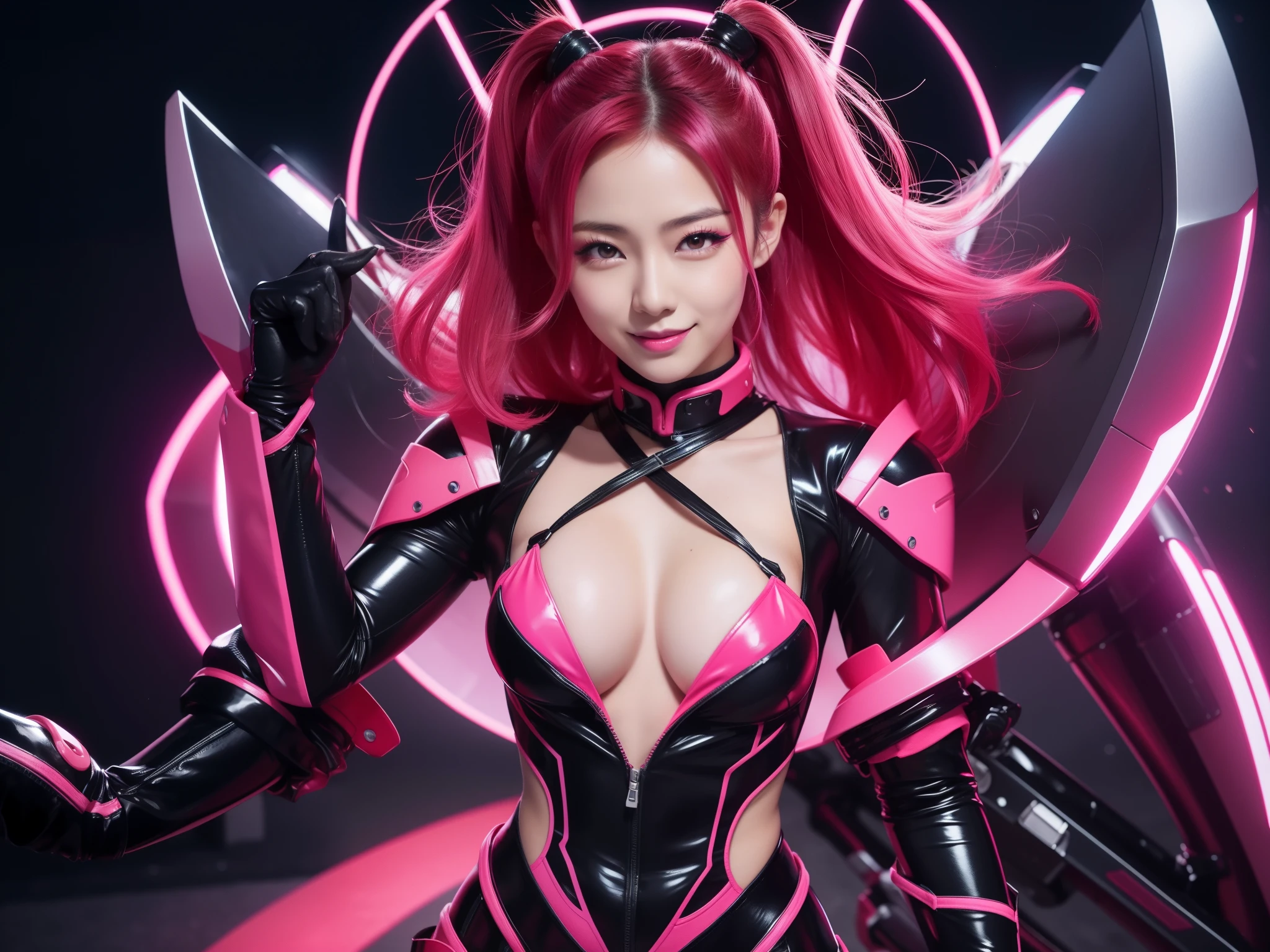 young、female japanese actress wearing a sexy villain costume、smiling face、lipgloss、dramatic eyeshadow、dramatic action pose、closeup、full body Esbian、Ninja Bodysuit(neon pink and neon red color scheme)、Colorful hair、at night、outdoor、town