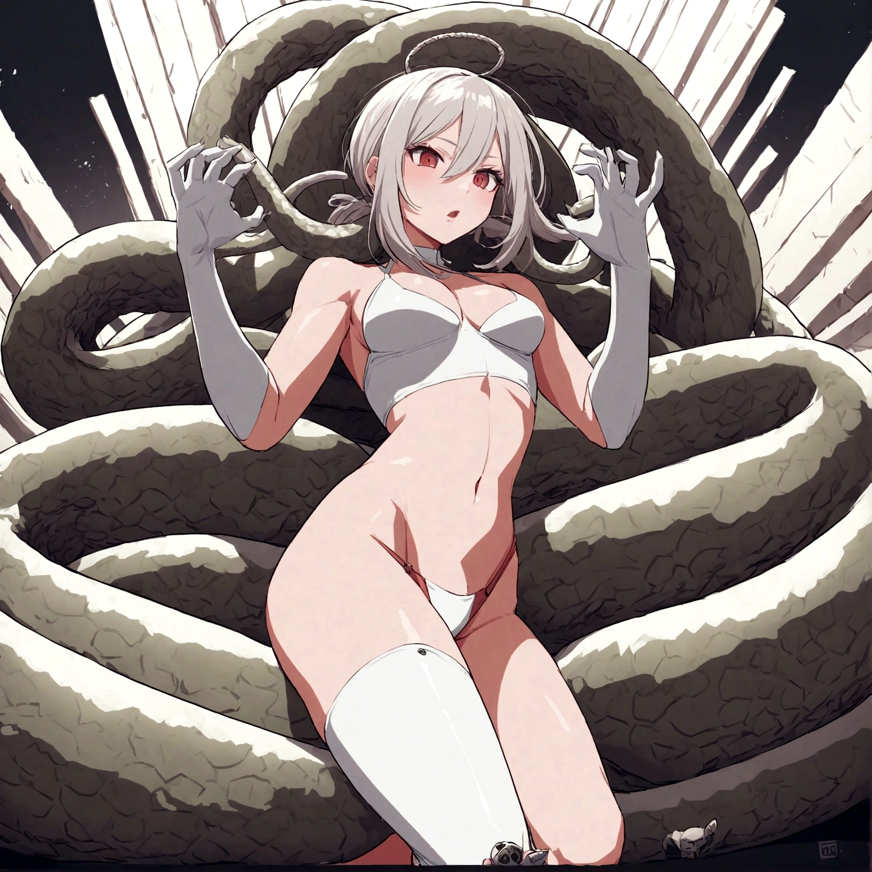 garota com cabelo branco, em pose sensual, white tentacled hands, fictional figure with sensual expression, roupas brancas de biquini provacante, super ficcticio, full body perfect hands, em um pantano umido