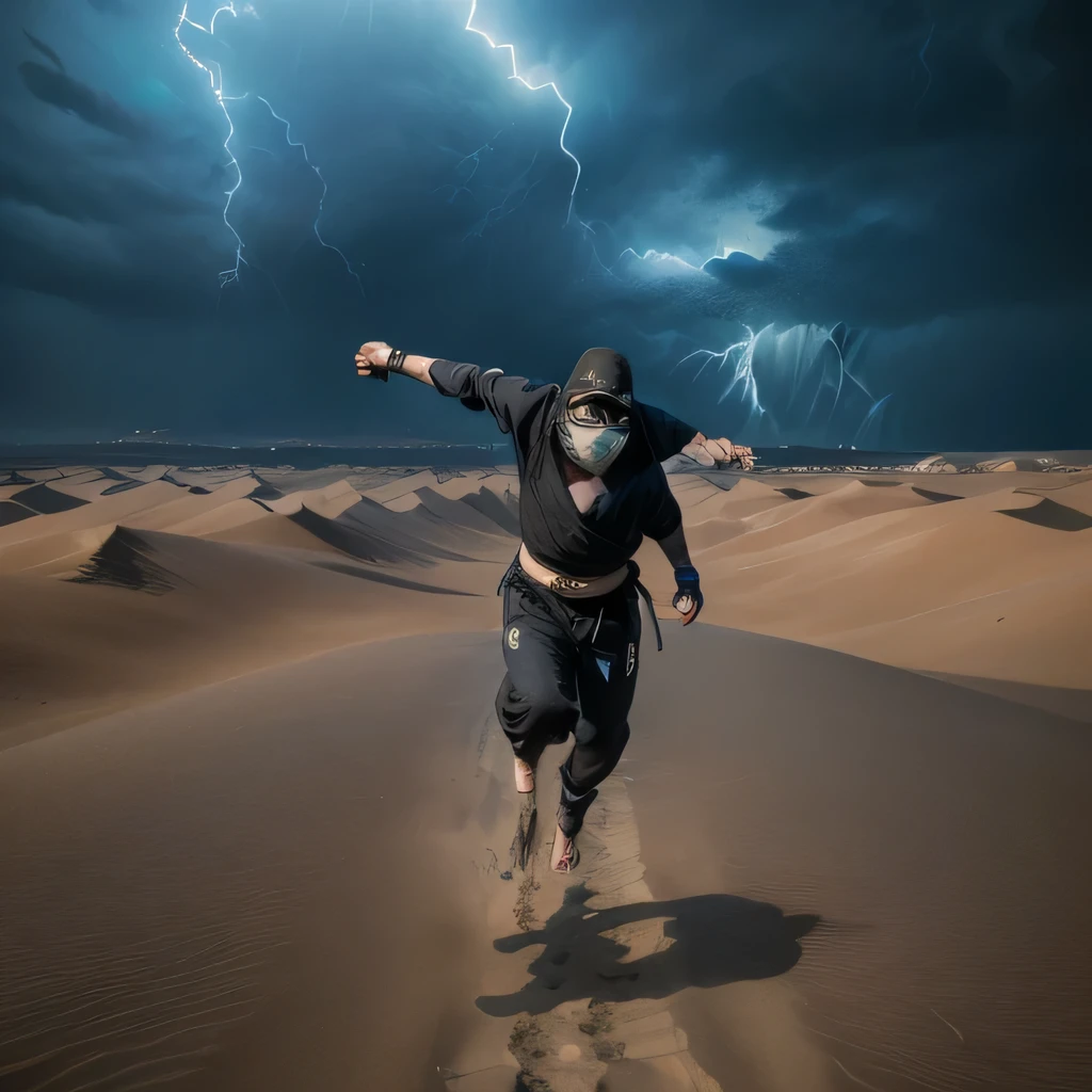 raw photo , 8K, ultra detailed, (realistic:1.2), (1man, ninja, mask:1.6), (flying:1.3),(desert, storm :1.5),