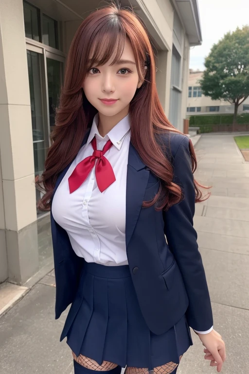 School grounds、Beautiful high school girls 1.5、White costume、((Turning around 1.5)、High school girl uniform 1.5、Fishnet tights、Garter Stockings、(Navy blue blazer uniform、Woman in a mini skirt 1.5)、Large breasts、The nipples are erect、Open your mouth wide 1.2、A nice build of medium build、Red collar 1.5、Nice body 1.5))、I have long hair。、Loose Curly Hair、Red Hair 1.5、Full Body Shot