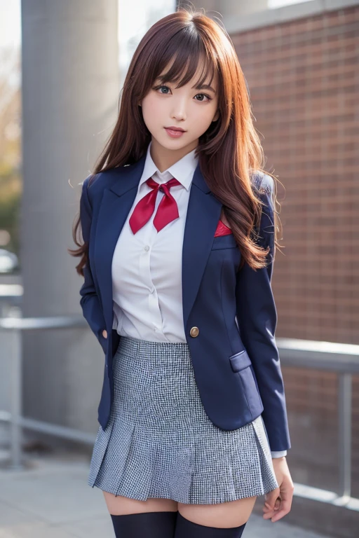 School grounds、Beautiful high school girls 1.5、White costume、((Turning around  1.5)、High school girl uniform 1.5、Fishnet tights、Garter Stockings、(Navy blue blazer uniform、Woman in a mini skirt 1.5)、Large breasts、The nipples are erect、Open your mouth wide 1.2、A nice build of medium build、Red collar 1.5、Nice body 1.5))、I have long hair。、Loose Curly Hair、Red Hair 1.5、Full Body Shot
