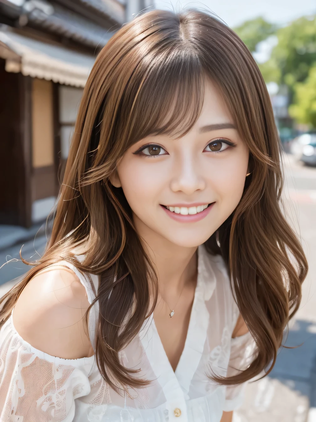 Ultra-high resolution, Superior Quality, highest quality, Very detailed, Realistic, 8k, RAW Photos, highest quality, masterpiece, Attractive girl, Awesome girl, Brown Hair,Wavy Hair、 Shoulder-length layers, Mesh Hair, Japanese Idols, Sophisticated, stylish, blouse,smile、Beautiful teeth alignment、Random cute poses