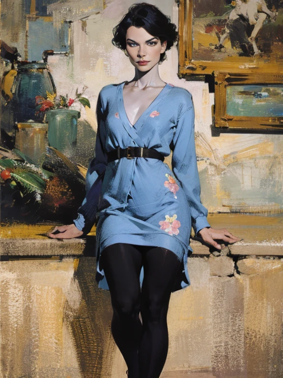 (full body:1.1),(dynamic).Beautiful woman with short black hair, ice blue eyes, (pale:1.4), slim, fit, small breasts, cardigan, floral print dress, leggings, sandals, sunglasses. Masterpiece, (highly detailed:1.1),(detailed face and eyes:1.2), 8k wallpaper, studio lighting. core shadows, high contrast, bokeh.