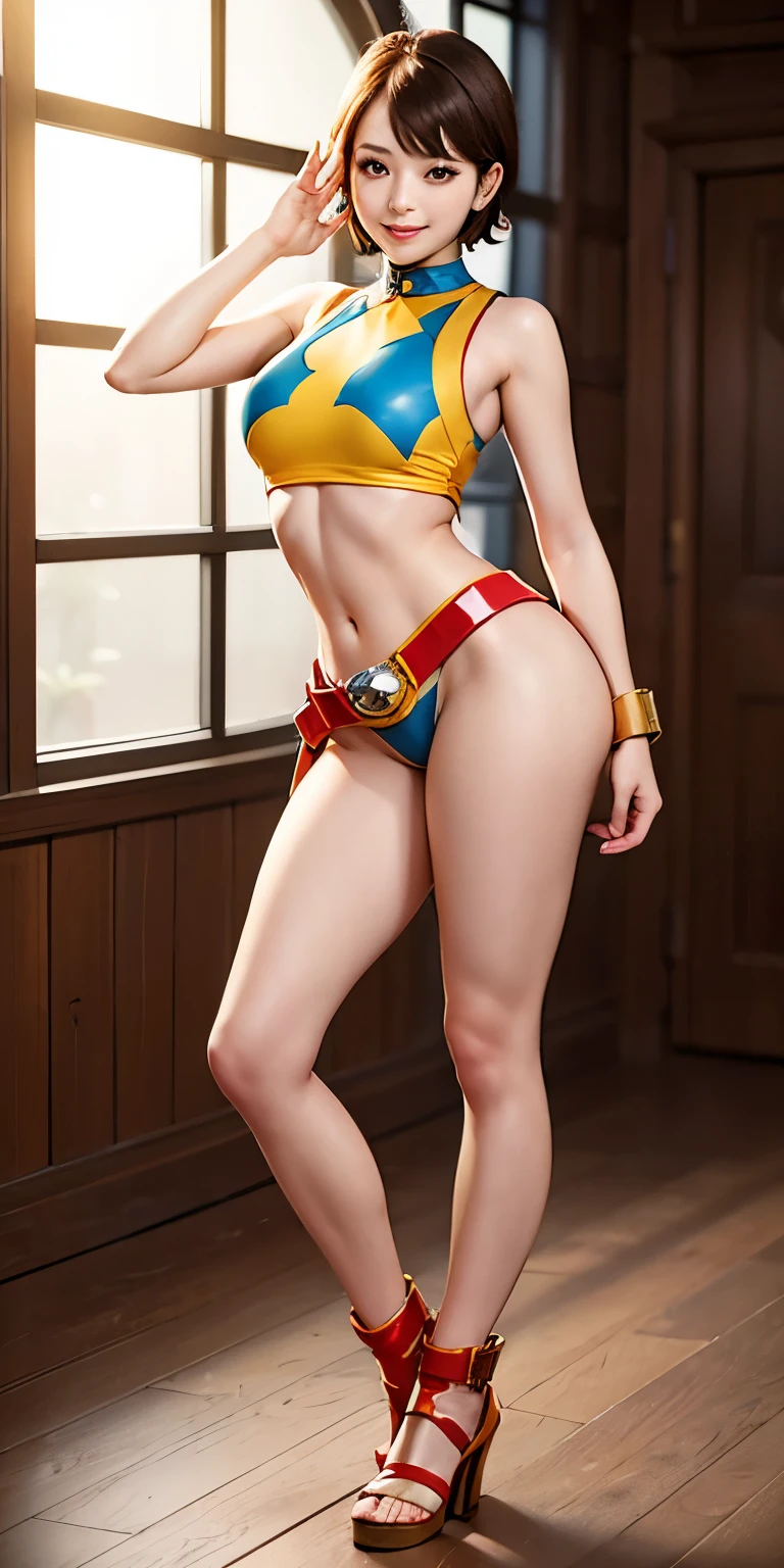 ((masterpiece)), ((highest quality)), (Very detailed), ((Very detailed)), 4K, (8k), highest quality, (beautiful), shape, Anime Style, Genuineistic, Genuine, (((whole body))), Thick outline, Clear contours, whole bodyの集中力, at the park, (Two Girls, Two cute girls), (The costume of the squadron heroine),beautiful金髪, beautiful brown eyes, ((beautiful eyes)), short hair, Big Breasts, A light smile, (Sentai heroine pose:1.5), Shiny, Shine