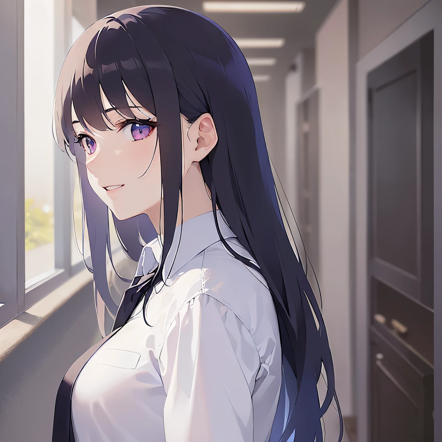 Detailed CG, Ultra-fine illustrations,highest quality,masterpiece,BREAK(white collared long shirt:1.5)BREAK,Realistic,real person, (pale skin: 1.3),RAW photo,photorealistic,shiny skin,shiny hair,(A 26-year-old woman with straight hair and bangs)and(medium hair)and(black hair)and(purple eyes),(light smile:1.4),open mouth,The background is the company hallway,Alone,side angle,(looking away:1.5),standing,Placing hand on chest
