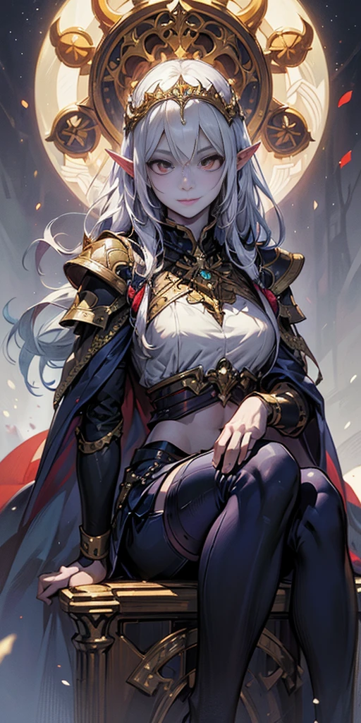 (masterpiece, best quality, 4k, detailed, intricate, realistic) female drow elf blue purple skin, whitish hair, gorget, crop top, armlet, vambraces, midriff, skirt, purple skirt, thigh boots, whitish eyes, whitish stockings and sleeves, (the empress:1.15) platinum blonde, long hair (red cape) curtain, armored dress, queen dress, aurora (sunshine, sky, river, forest) expressionless, red eyes, very long hair (art nouveau:1.2) alphonse mucha, tiara (face focus, upper body) sit (red throne:1.12) crossing legs, highly intricate details, realistic light, smile