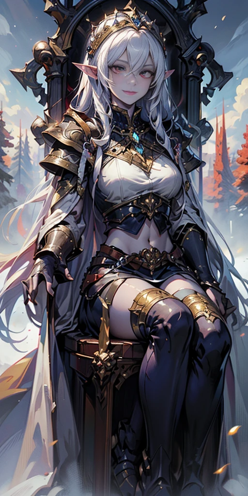 (masterpiece, best quality, 4k, detailed, intricate, realistic) female drow elf blue purple skin, whitish hair, gorget, crop top, armlet, vambraces, midriff, skirt, purple skirt, thigh boots, whitish eyes, whitish stockings and sleeves, (the empress:1.15) platinum blonde, long hair (red cape) curtain, armored dress, queen dress, aurora (sunshine, sky, river, forest) expressionless, red eyes, very long hair (art nouveau:1.2) alphonse mucha, tiara (face focus, upper body) sit (red throne:1.12) crossing legs, highly intricate details, realistic light, smile