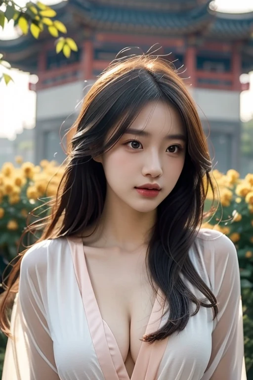 1 Girl, Solo,full body, Hanfu,Ancient_Chinese_architecture, in Flower garden, Flowers, (Realistic:1.4), Super High Quality, Masterpiece, Perfect Illustration, Extreme Details (Delicate Light and Shadow, Highly Dramatic Picture,)Zhong Hua, Zen Entanglement, Mandala, Tangled, Official Art, Unity 8k wallpaper, super detailed, beautiful and beautiful, masterpiece, best quality, (Dynamic angle: 1.4), glowing skin, (Floating colorful flashes: 1) The most beautiful chaotic forms, elegant, brutalist design, bright colors, romantic depth of field