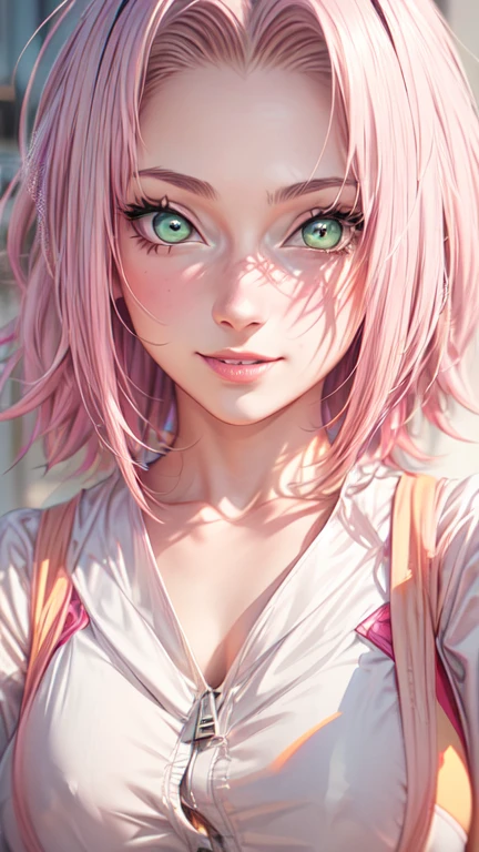 1girl, rin in anime naruto shipudden, short hair , brown hair, yellow eyes, beautiful, black clothes, smile, , realistic clothes, detail clothes, city background, ultra detail, realistic