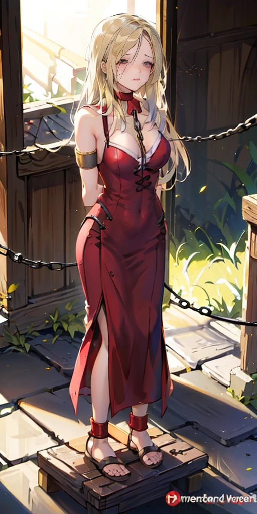 (masterpiece, best quality), intricate details, 1girl, 1girl in, age19, Solo, Long hair, Colossal, Looking at Viewer, blond hair, Alexis Texas (standing full body toe to head by wooden pole:1.2) iron collar, arms behind back, iron cuffs, shackles, bound, bondage outfit, harness, o-ring, bondage outfit blindfolded cover eyes, happy red cheeks, chain leash collar choker neck bell shackles wristbands bracers bracelets, cleave gag, sad face, red cheeks, cryings tears, painful (she was sold and betrayed by her own family)