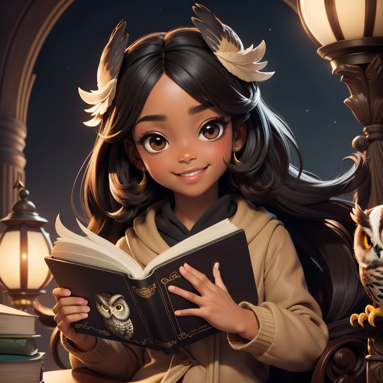 (Highest quality, masterpiece: 1,1), (owl, black eyes, bright smile), brown skin, long hair, cute girl reading magic book, detailed, 8K