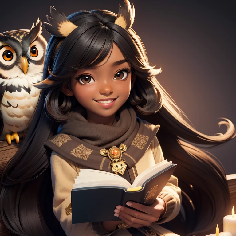 (Highest quality, masterpiece: 1,1), (owl, black eyes, bright smile), brown skin, long hair, cute girl reading magic book, detailed, 8K