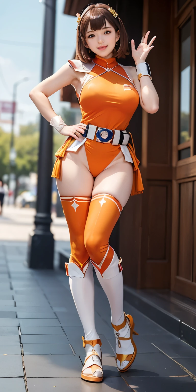 ((masterpiece)), ((highest quality)), (Very detailed), ((Very detailed)), 4K, (8k), highest quality, (beautiful), shape, Anime Style, Genuineistic, Genuine, (((whole body))), Thick outline, Clear contours, whole bodyの集中力, at the park, (Two Girls, Two cute girls), (The costume of the squadron heroine),beautiful金髪, beautiful brown eyes, ((beautiful eyes)), short hair, Big Breasts, A light smile, (Sentai heroine pose:1.5), Shiny, Shine