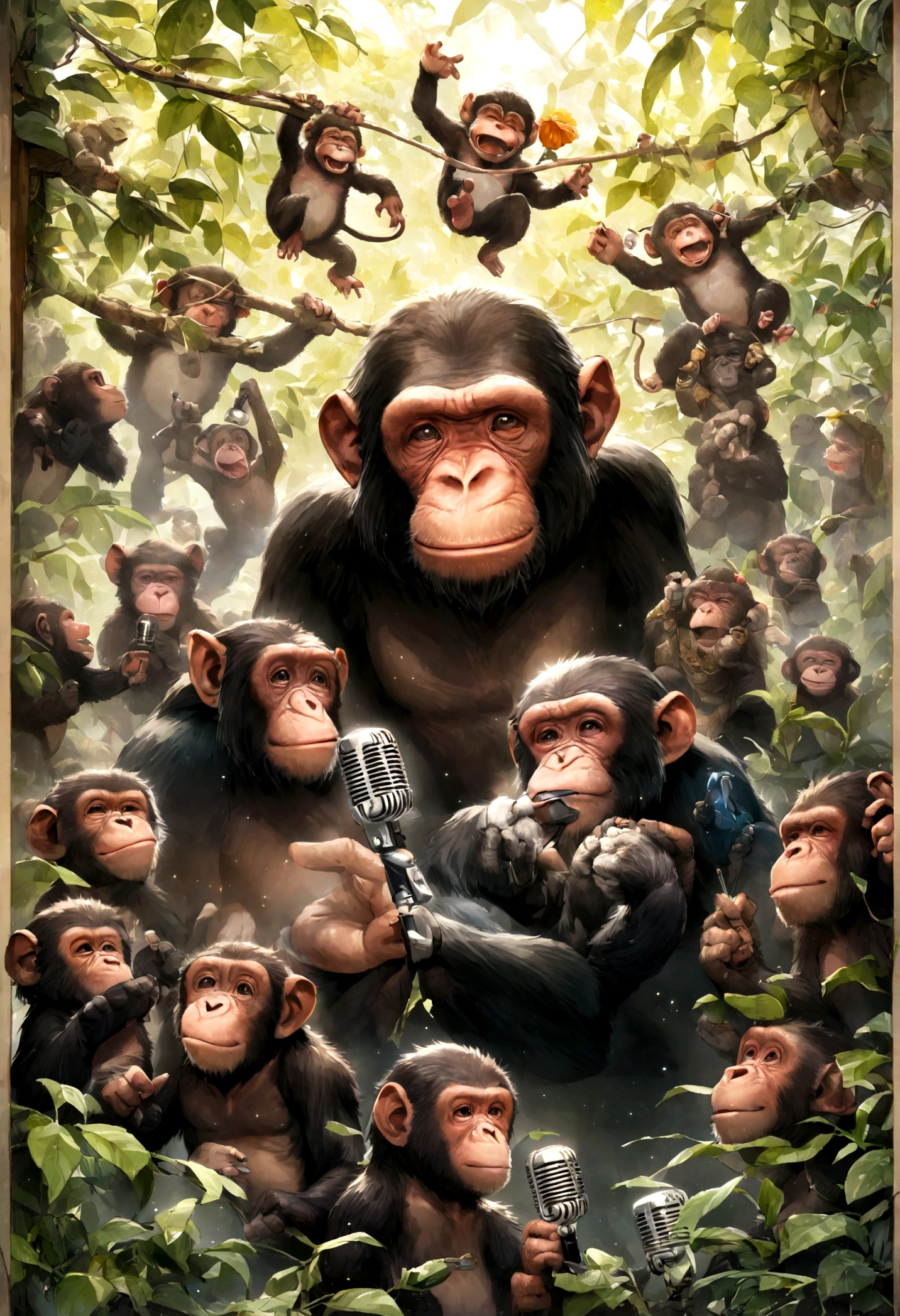 a chimpanzee, fumando cigarro, singing with microphone in hands, animal, macaco, singing chimpanzee, fumante