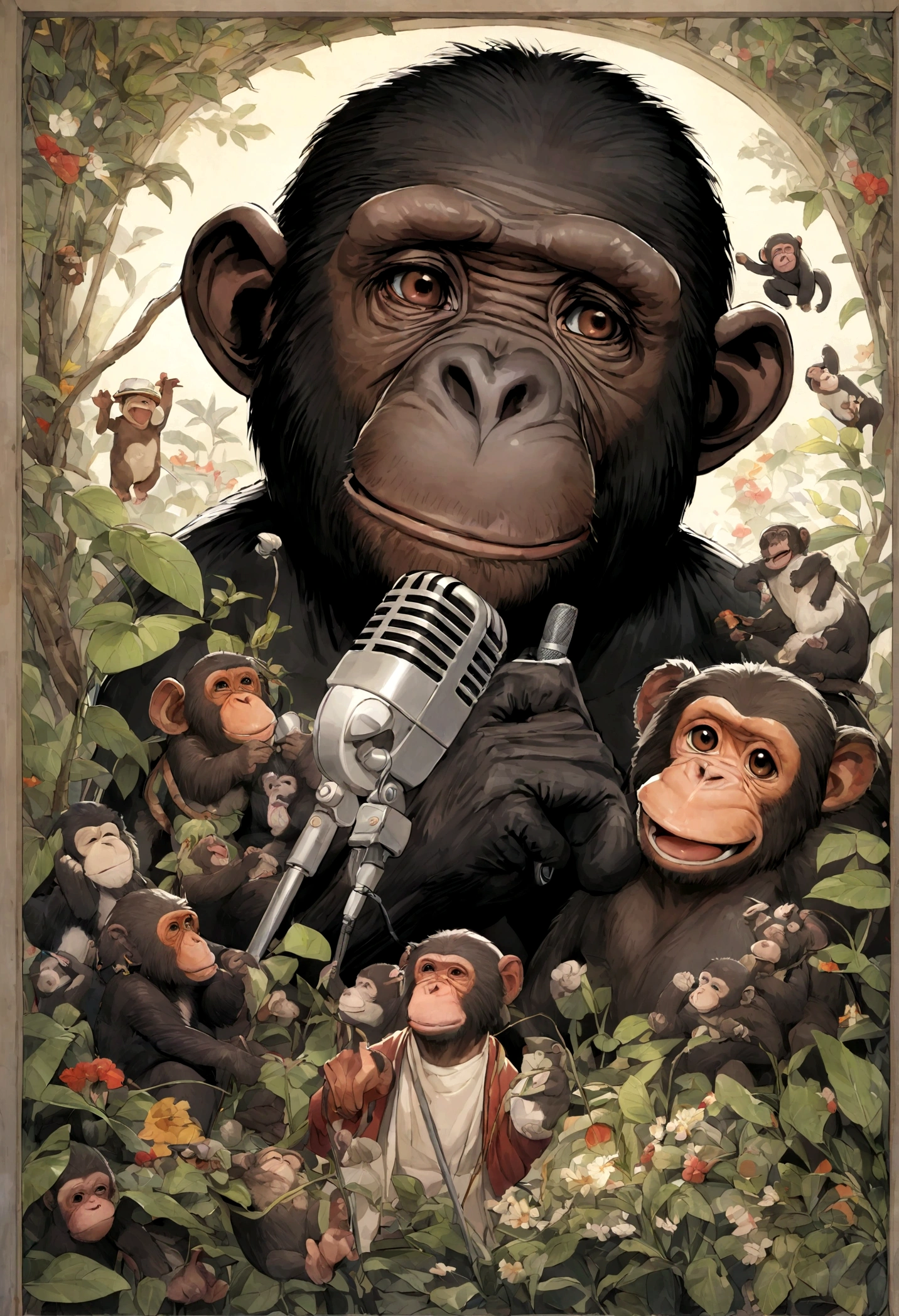 a chimpanzee, fumando cigarro, singing with microphone in hands, animal, macaco, singing chimpanzee, fumante