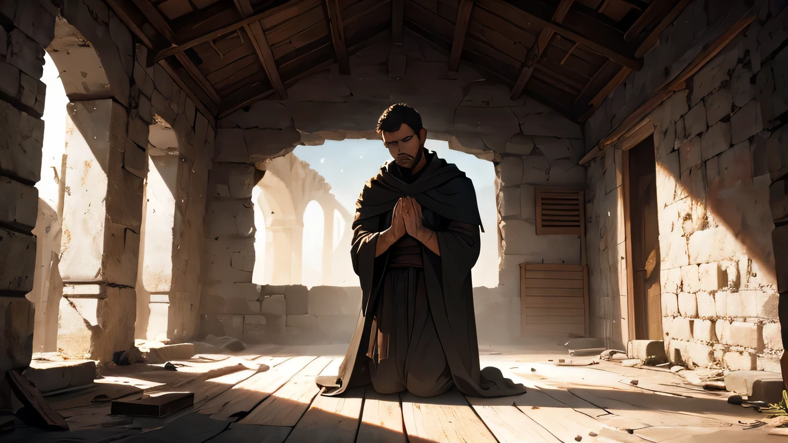 a Christian man praying in fear, dressed in poor clothes from the 1st century AD, hidden in an abandoned Greek house from the 1st century AD, highly detailed, realistic, cinematic lighting, dramatic chiaroscuro, cold color tones, muted palette, moody atmosphere, dramatic lighting, detailed facial features, prayerful expression, tattered clothing, textures, architectural details, dusty interior, 8K, masterpiece