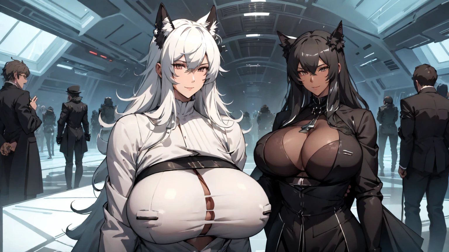 Arknights SilverAsh Super huge big breasts breast enlargement A man in a white fur coat and black tuxedo stood on the spaceship looking at the camera and smiling.