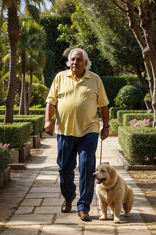 Create an image of a very fat older man 70 years old, de cabello blanco, walking through the garden in full view with a Golden breed dog..