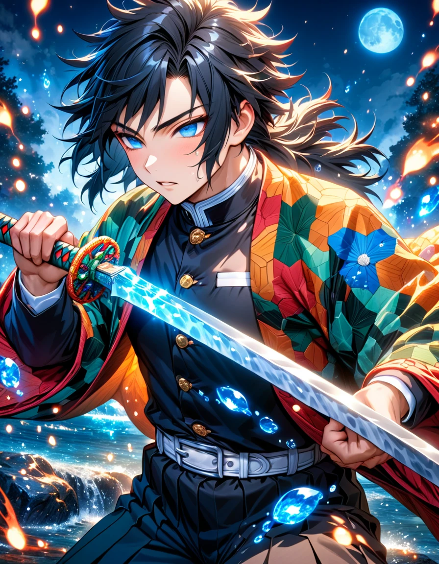 absurdres, highres, ultra detailed, HDR, master piece, best quality, Tomioka Giyu, untamed black hair, expressive blue eyes, kimetsu no yaiba, solo, sexy man holding a sword, holding, handsome, haori, demon slayer uniform, magical, fantasy, water, blue moon, starry, blue fireflies, blue flowers