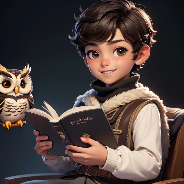 (Highest quality, masterpiece: 1,1), (owl, black eyes, bright smile), brown skin, short hair, cute boy reading magic book, detailed, 8K