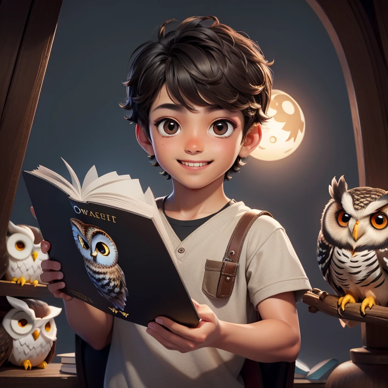 (Highest quality, masterpiece: 1,1), (owl, black eyes, bright smile), brown skin, short hair, cute boy reading magic book, detailed, 8K