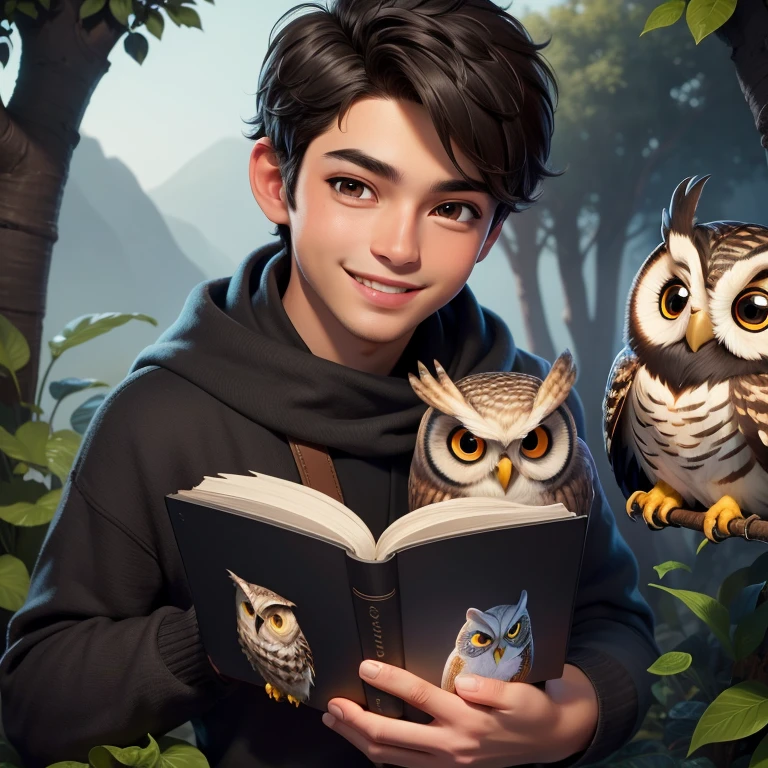 (Highest quality, masterpiece: 1,1), (owl, black eyes, bright smile), brown skin, short hair, cute boy reading magic book, detailed, 8K