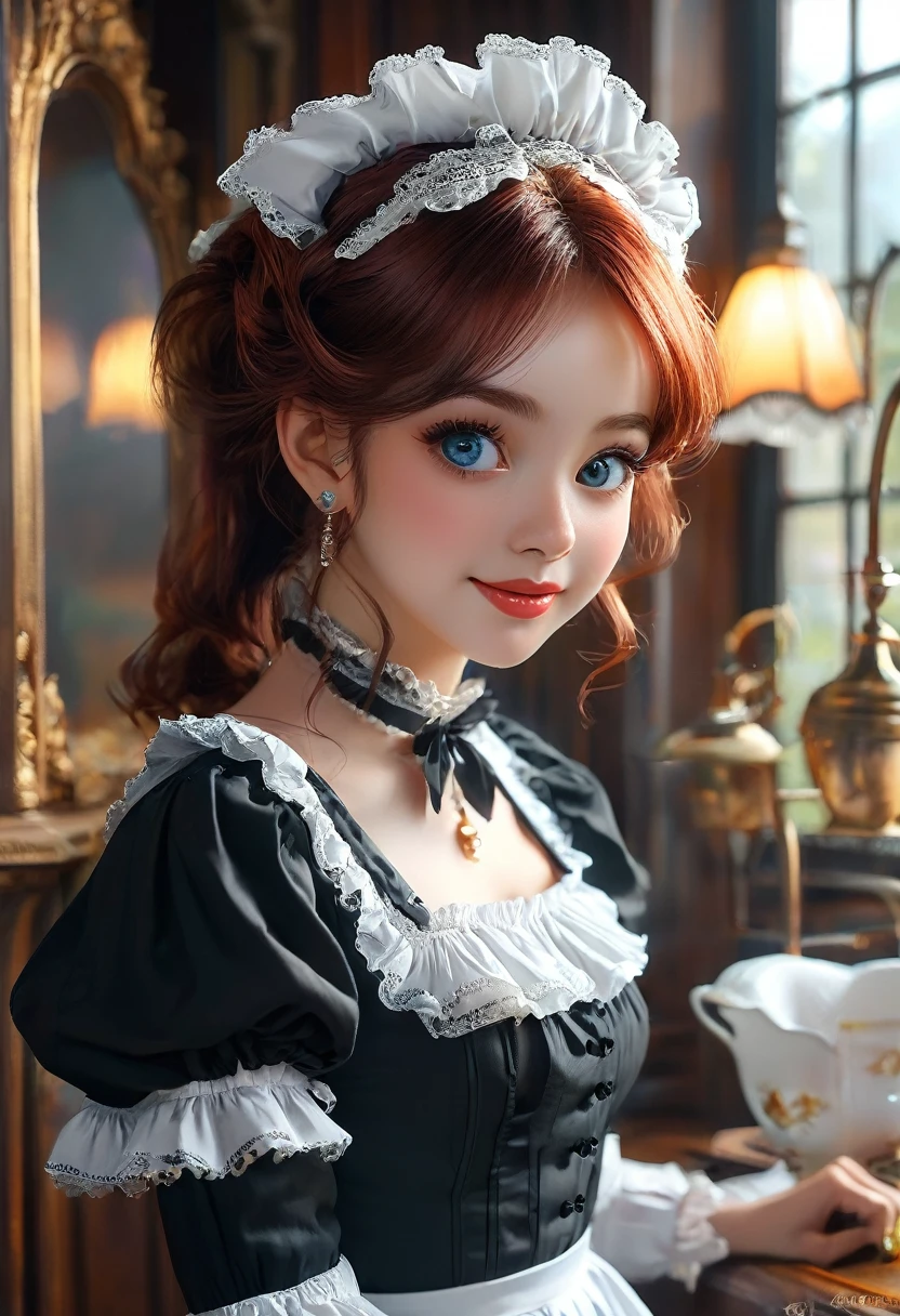A pretty maid. best quality, masterpiece, red hair, sky blue eyes, wearing a steriotypical French maid outfit, (headdress、white blouse、black ribbon、White Apron、ruffle skirt、puff sleeves、collar、choker、apron with fine ruffles:1.3)、black maid costume). looking up, upper body,hair strand,Fair skin, Large chest,. Adorable, mature Woman,detailed big-eyed woman, round face. promenent red lips. Smileing,In the mansion library, large ass, Picture from the side,looking at the scenes, intense colors, Very valuable details, complex details, volumetric lighting, digital art, 8k, trending on Artstation, Clear focus, complex details, highly detail, Greg Rutkowski Big Eyes, high-resolution, red hair. Aly Machalka., attractive chest, .Photorealistic. Confidence, self esteem, assertiveness, dominance. wide Amused smile. Sultry expression. , Cleavage. Perky bosum.