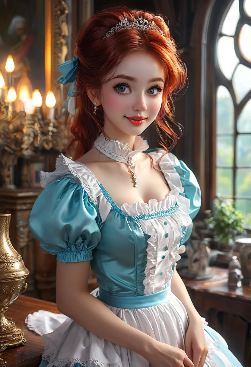 A pretty maid. best quality, masterpiece, red hair, sky blue eyes, wearing a steriotypical French maid outfit, (headdress、white blouse、black ribbon、White Apron、ruffle skirt、puff sleeves、collar、choker、apron with fine ruffles：1.3)、black maid costume). looking up, upper body,hair strand,Fair skin, Large chest,. Adorable, mature Woman,detailed big-eyed woman, round face. promenent red lips. Smileing,In the mansion library, large ass, Picture from the side,looking at the scenes, intense colors, Very valuable details, complex details, volumetric lighting, digital art, 8k, trending on Artstation, Clear focus, complex details, highly detail, Greg Rutkowski Big Eyes, high-resolution, red hair. Aly Machalka., attractive chest, .Photorealistic. Confidence, self esteem, assertiveness, dominance. wide Amused smile. Sultry expression. , Cleavage. Perky bosum.
