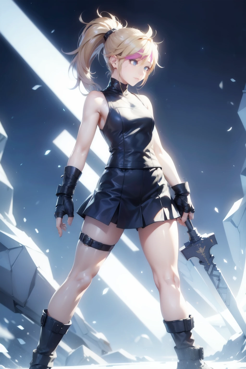 (masterpiece, best quality:1.2), Blue  glowing eyes, perfect face, highres, 1 girl, solo, ultra long ponytail, (female:1.5), strife, blonde hair, shoulder armor, sleeveless turtleneck, suspenders, belt, gloves, bracer, evil smile, standing, portrait, looking at viewer, giant sword on the back