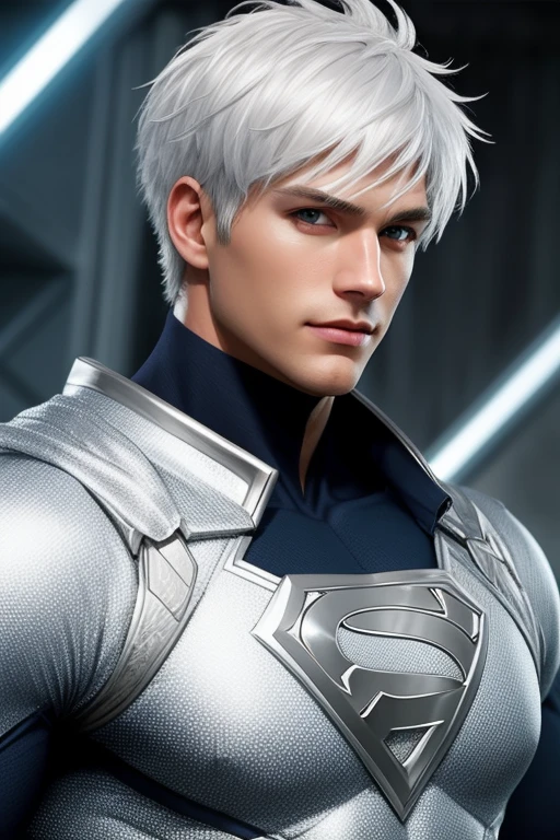 Half Body shot photorealistic handsome Hunky white haired Jack Frost as Superhero wearing white and silver 