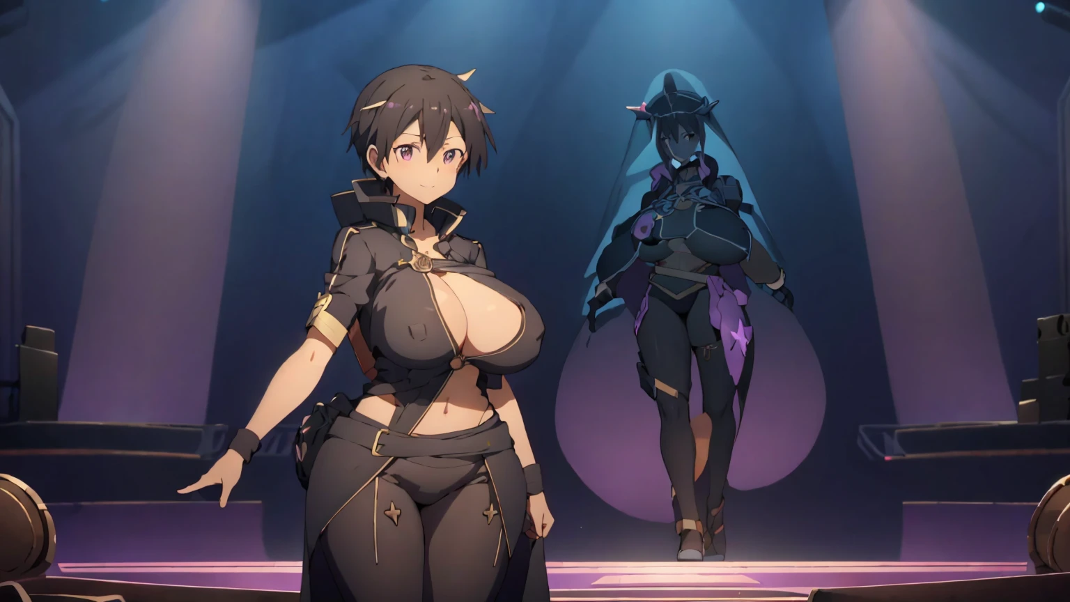 Kirito black egyptian clothing brown skin, purple eyes, blushing smile, standing alone on the stage, Super huge big breasts breast enlargement looking at the audience illustration, ultra-detailed, HDR, vibrant colors, soft lighting