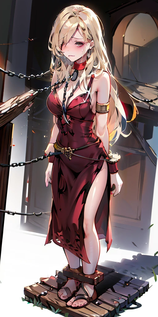 (masterpiece, best quality), intricate details, 1girl, 1girl in, age19, Solo, Long hair, Colossal, Looking at Viewer, blond hair, Alexis Texas (standing full body toe to head by wooden pole:1.2) iron collar, arms behind back, iron cuffs, shackles, bound, bondage outfit, harness, o-ring, bondage outfit blindfolded cover eyes, happy red cheeks, chain leash collar choker neck bell shackles wristbands bracers bracelets, cleave gag, sad face, red cheeks, cryings tears, painful (she was sold and betrayed by her own family)