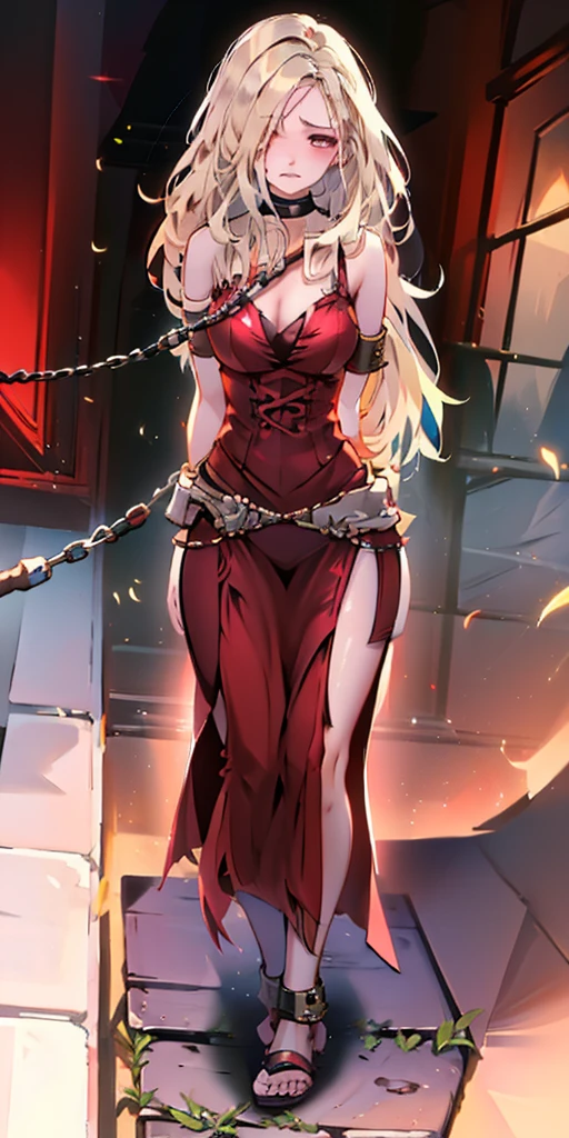 (masterpiece, best quality), intricate details, 1girl, 1girl in, age19, Solo, Long hair, Colossal, Looking at Viewer, blond hair, Alexis Texas (standing full body toe to head by wooden pole:1.2) iron collar, arms behind back, iron cuffs, shackles, bound, bondage outfit, harness, o-ring, bondage outfit blindfolded cover eyes, happy red cheeks, chain leash collar choker neck bell shackles wristbands bracers bracelets, cleave gag, sad face, red cheeks, cryings tears, painful (she was sold and betrayed by her own family)