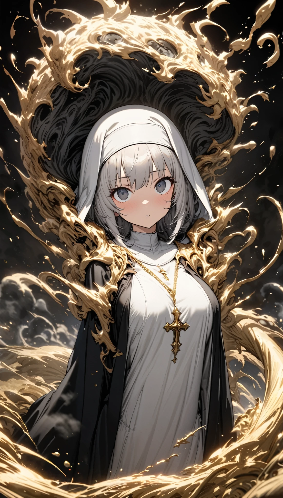 best quality, super fine, 16k, incredibly absurdres, extremely detailed, 2.5D, delicate and dynamic, character Sade from the anime Shinigami Bouchan and the Black Maid, cute church nun in pure white uniform and robe, big cute black droopy eyes, silver messy wavy short hair peeking out from under the robe, lady, captivating look, superlative body proportion, effects with big black and gray tornado and gold dust