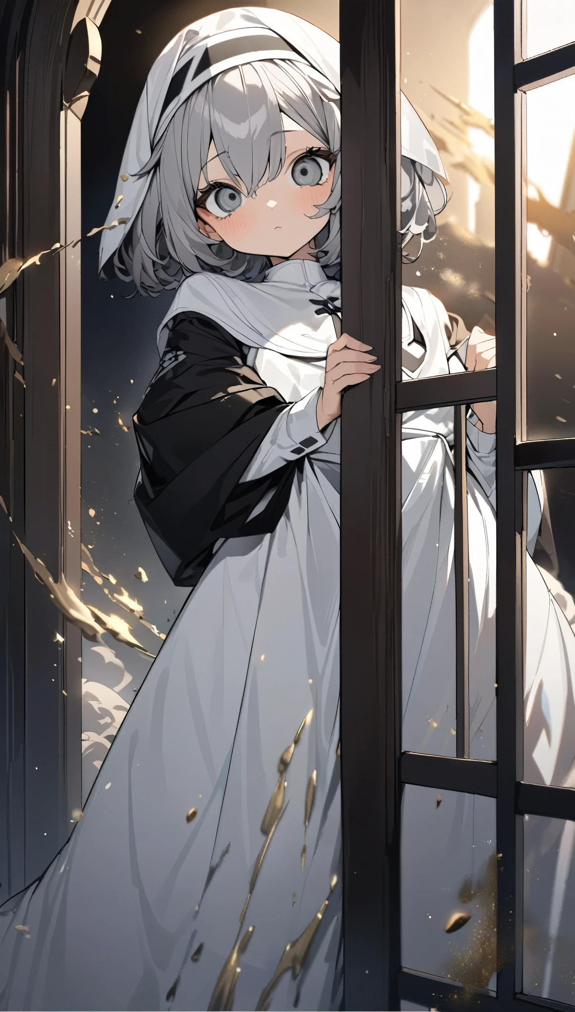 best quality, super fine, 16k, incredibly absurdres, extremely detailed, 2.5D, delicate and dynamic, character Sade from the anime Shinigami Bouchan and the Black Maid, cute church nun in pure white uniform and robe, big cute black droopy eyes, silver messy wavy short hair peeking out from under the robe, lady, captivating look, superlative body proportion, effects with big black and gray tornado and gold dust
