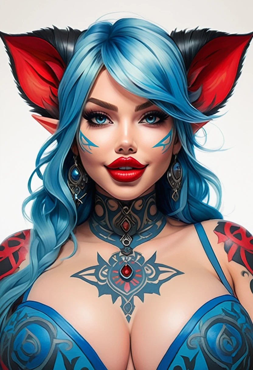 Create an illustrated, hand-drawn, full-color masterpiece with warm lighting and shadows. Incorporate graphite shading, stencil marks, and airbrushed acrylic paint in the style of "Breath of the Wild." The image should feature a beautiful goblin woman with a humanoid, furry appearance and large ears shaped like those of an elephant. She has red skin, bright eyes, luscious thick fleshy lips, and a wide smile. Depict her with a perfect, symmetrical face and a curvy hourglass figure with large breasts. Her face, neck, and arms are covered in intricate blue tattoos, adding a mythic beauty to her. She is wearing a long, flowing, lacey dress with a high neck and long billowing skirts. The background should be detailed and sharp, adding to the overall high-resolution, best quality, and detailed art piece. Scarlett Johanson