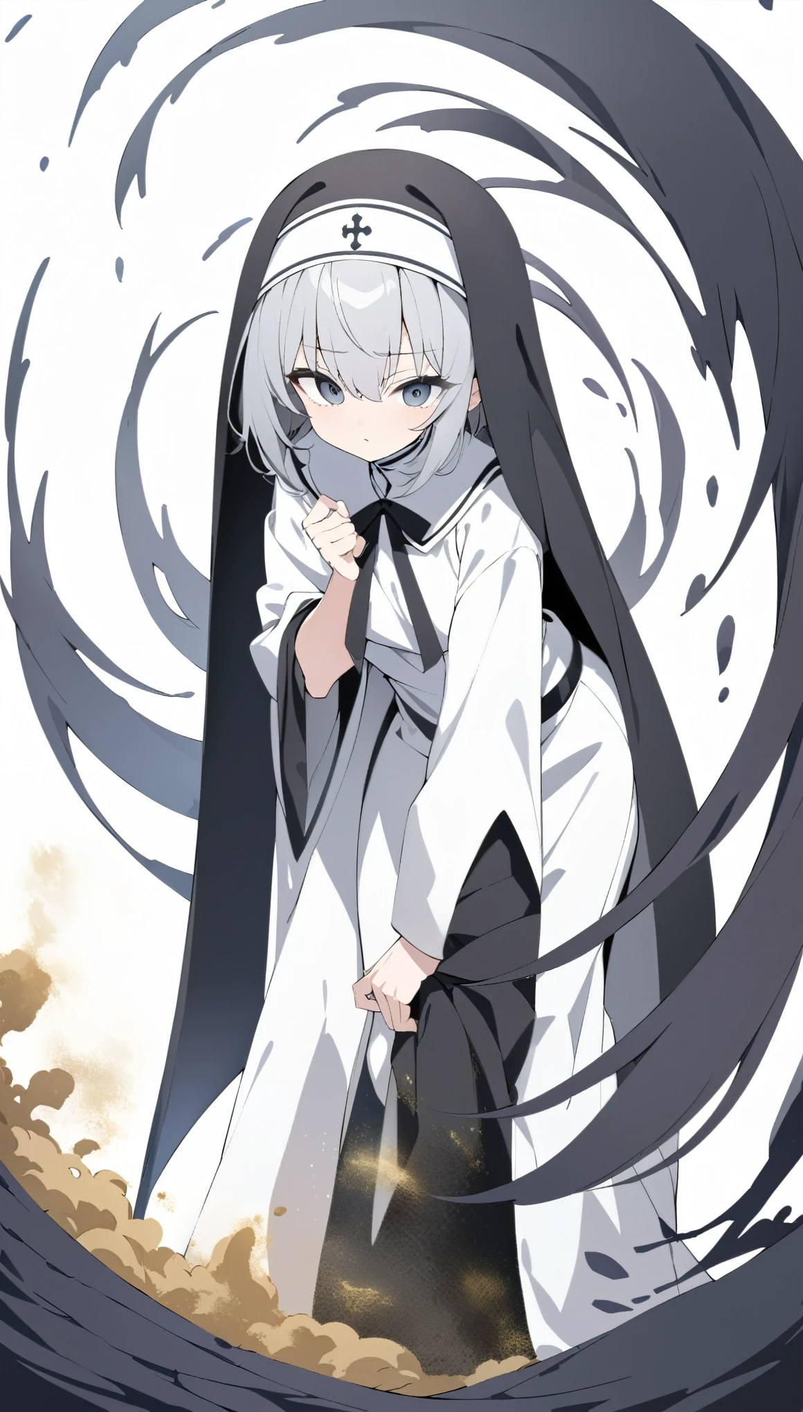 best quality, super fine, 16k, incredibly absurdres, extremely detailed, 2.5D, delicate and dynamic, character Sade from the anime Shinigami Bouchan and the Black Maid, cute church nun in pure white uniform and robe, big cute black droopy eyes, silver messy wavy short hair peeking out from under the robe, lady, captivating look, superlative body proportion, effects with big black and gray tornado and gold dust