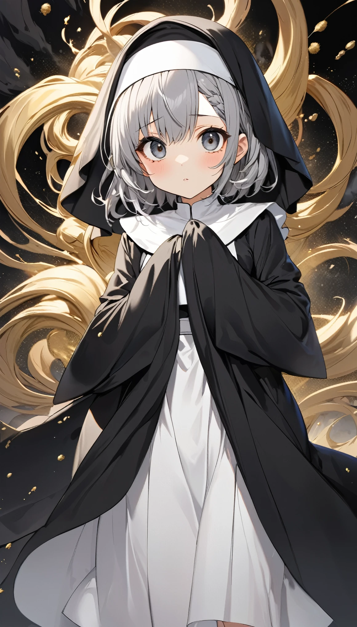 best quality, super fine, 16k, incredibly absurdres, extremely detailed, 2.5D, delicate and dynamic, character Sade from the anime Shinigami Bouchan and the Black Maid, cute church nun in pure white uniform and robe, big cute black droopy eyes, silver messy wavy short hair peeking out from under the robe, lady, captivating look, superlative body proportion, effects with big black and gray tornado and gold dust