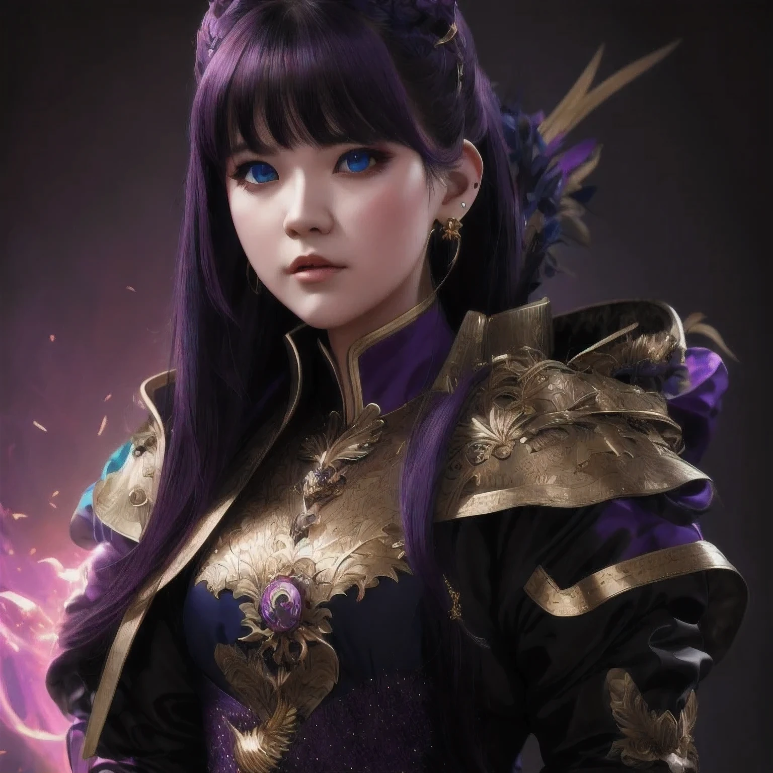 there is a 18 years old in a purple dress holding a dragon, wlop and ross tran, ross tran 8 k, fantasy art style, chengwei pan on artstation, a beautiful fantasy empress, ross tran and wlop, ruan jia and artgerm, the dragon girl portrait, ig model | artgerm, artgerm and ruan jia，beautiful
1girl
bangs
blue eyes
closed mouth
ear piercing
earrings
grey background
hair ornament
jewelry
lips
looking at viewer
military
military uniform
nose
piercing
portrait
realistic
short hair
simple background
solo
upper body
