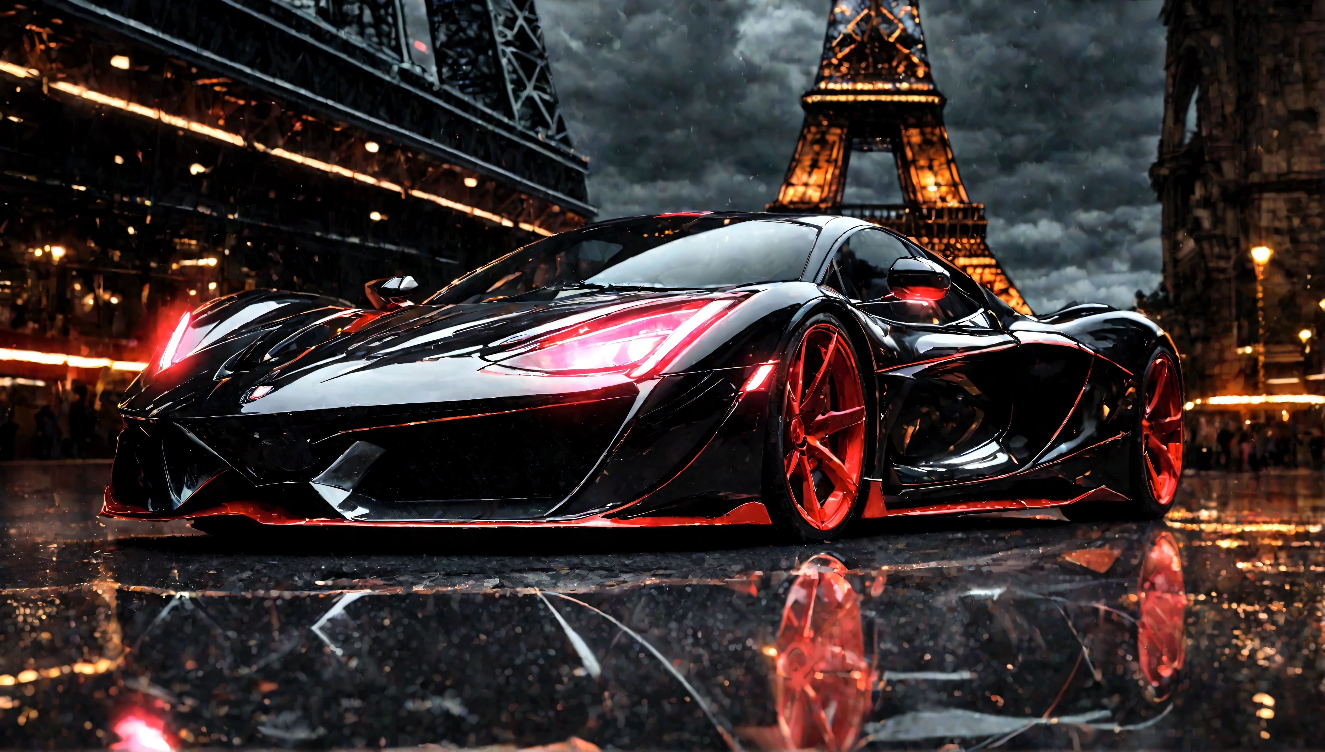 a red and black supercar, aggressive design, eiffel tower in the background, highly detailed, 8k, photorealistic, sharp focus, studio lighting, physically-based rendering, vibrant colors, intricate details, sleek and aerodynamic body, chrome accents, glowing headlights, engine exhaust fumes, reflections on the glossy paint, ominous cloudy sky, dramatic lighting, cinematic composition