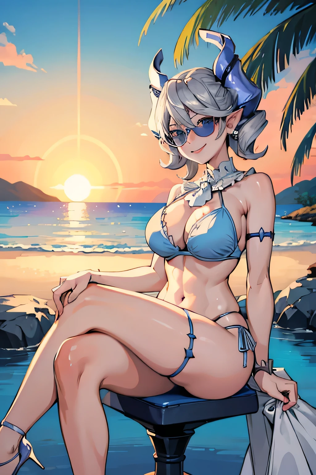 　High level image quality　best image quality　8K　 adult woman  beach   sunset view　palm trees   whole body view　portrait　blue bikini   　horn    ears  　short hair（（shortcut）（gray hair）（perm）（fluffy））　eye color is blue , orange sunglasses　attractive evil face , smile   ,  sexy pose   ,  labrynth ,  barearm , on the stool  , wearing white  shirt  , sitting , crossed leg style in detailed 