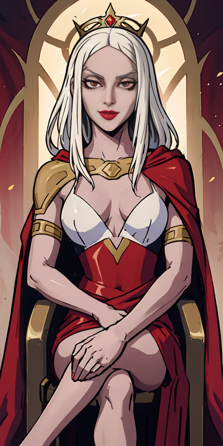 (masterpiece, best quality) 1girlsolo (the empress:1.15) platinum blonde, long hair (red cape) curtain, armored dress, queen dress, aurora (sunshine, sky, river, forest) expressionless, red eyes, very long hair (art nouveau:1.2) alphonse mucha, tiara (face focus, upper body) sit (red throne:1.12) crossing legs, highly intricate details, realistic light, smile