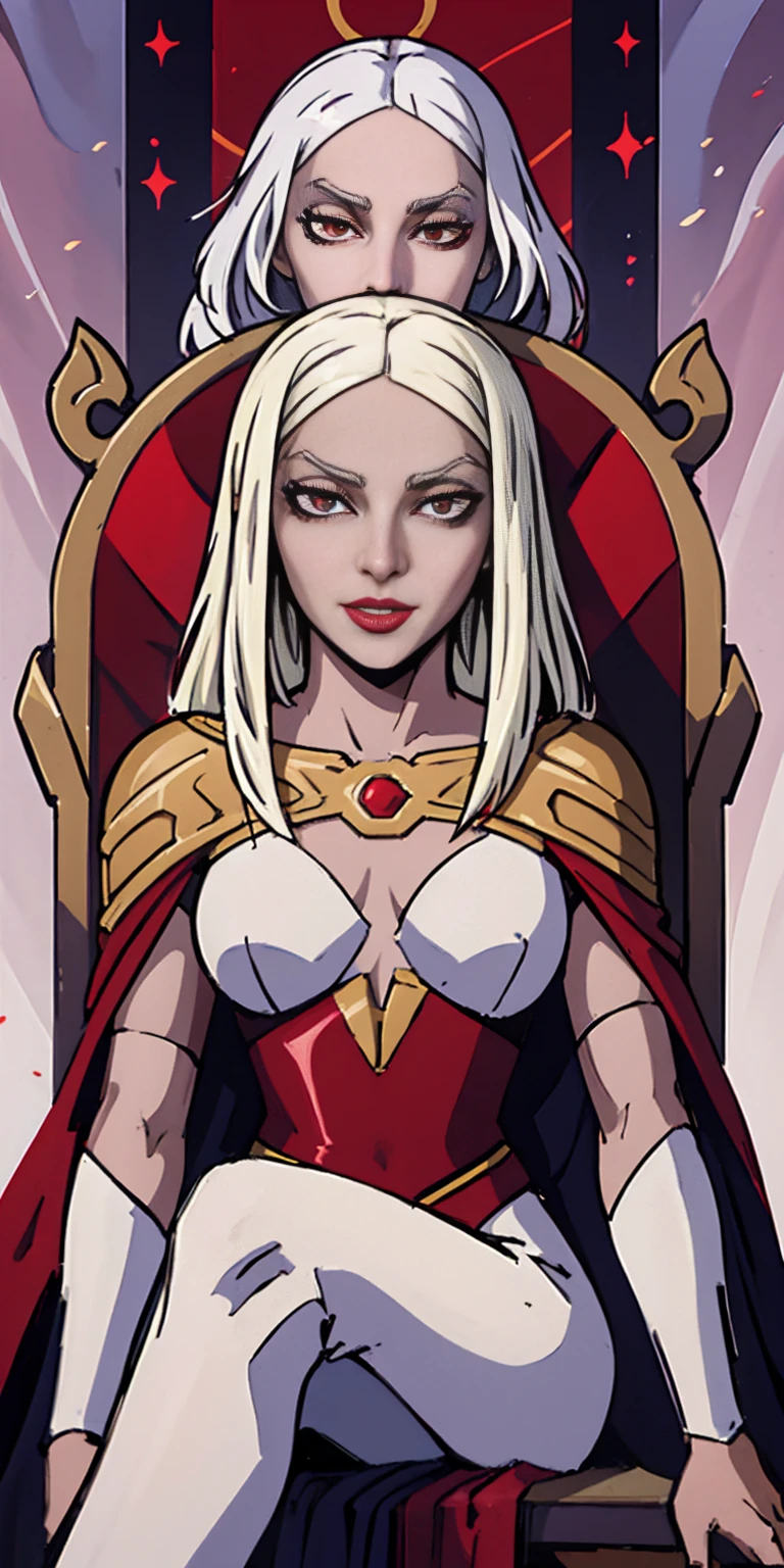 (masterpiece, best quality) 1girlsolo (the empress:1.15) platinum blonde, long hair (red cape) curtain, armored dress, queen dress, aurora (sunshine, sky, river, forest) expressionless, red eyes, very long hair (art nouveau:1.2) alphonse mucha, tiara (face focus, upper body) sit (red throne:1.12) crossing legs, highly intricate details, realistic light, smile