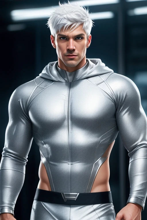 Quarter Body shot photorealistic handsome Hunky white haired Jack Frost as Metahuman wearing white and silver