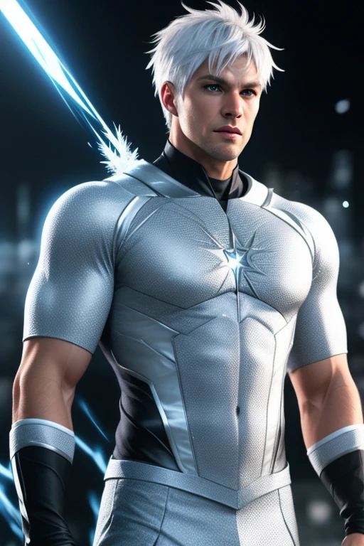 Quarter Body shot photorealistic handsome Hunky white haired Jack Frost as Metahuman wearing white and silver