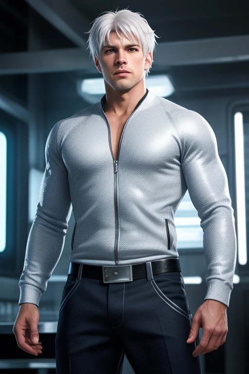 Quarter Body shot photorealistic handsome Hunky white haired Jack Frost as Metahuman wearing white and silver