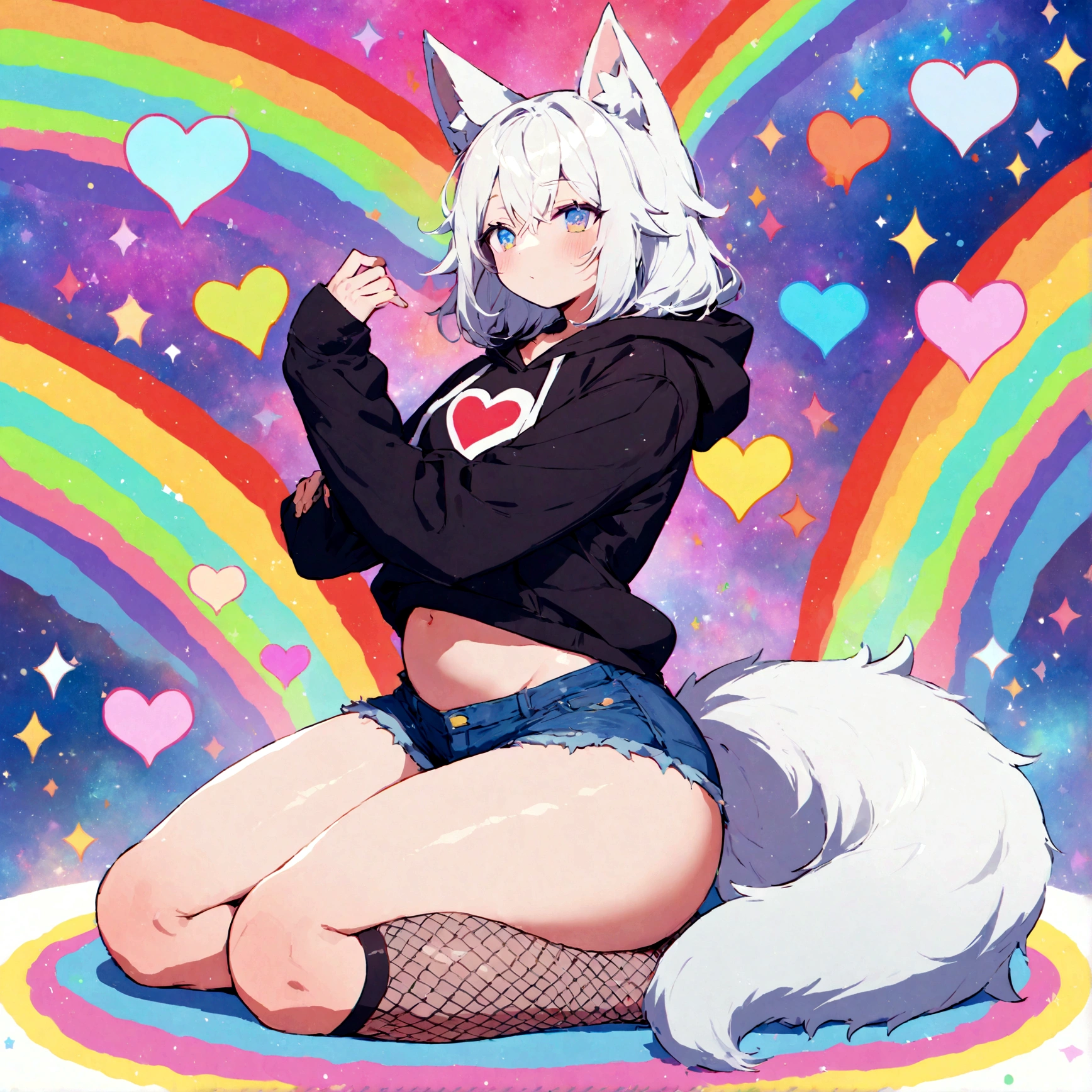 a cute adult male with wolf ears, white hair, has a wolf tail, wearing a loose cropped oversized black hoodie, wearing a pair of denim short shorts and fishnet stockings, thick thighs, wide hips, relaxing on mound of fluffy multi colored kawaii plushies, short, very slim, showing slender tummy, stretching out, heart on hoodie, squishy thighs, has glowing blue eyes. alone, solo (ALONE)(SOLO), surrounded by rainbows, colorful galaxy backround