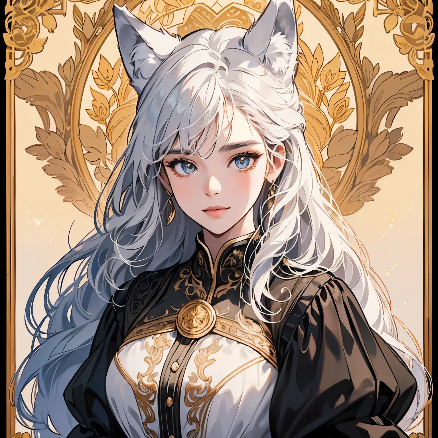 Best quality, 1 wolf, logo, background white only, emblem, 14k, intricate and detailed, frame, black, (((1 woman and wolf))), detailed fur, sparkling eyes, corporate logo, golden, panoramic, long shot, front, black flowers, Upper body, looking at viewer, beautiful goddess
