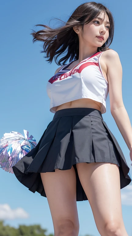 ((from below:1.4)),((cheerleader:1.4)),((Cheerleader)),Back view、look back、Low - Angle、((The skirt is blown up by the wind:1.4)),((Cheerleader)),(huge breasts:1.5),((very short skirt:1.8)),((under breast:1.8)),((sweat:1.3)),((Underwear is visible:1.5)),8K、Detailed Description、Very high definition、Realistic、reality的、Real、live-action、reality、High resolution、Nogizaka46、japanese idol,beautiful girl、21 years old、Dark brown eyes、sunny、blue sky、Are standing、Backwards、turn around、smile,closed mouth,full body,Very black hair、pretty girl、Beauty、Glowing Skin、Glowing Skin、Shiny Hair、Very white skin、Heavy makeup、Large Breasts、Slit eyes、Big Eyes、Dark brown eyes、Double eyelids、Don&#39;t show your teeth、Wet Skin、