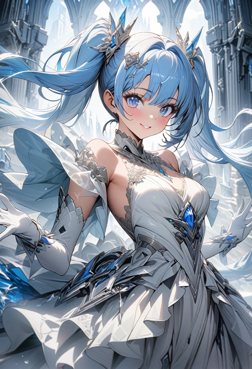 1 girl A picture of her standing in front of an ice castle wearing a fancy frilly dress made of mechs.The dress is mainly white and blue, with some decorations visible. Many mechanisms can be seen from the dress.Luxurious barrette with white and blue mecha,beautiful detailed eyes, beautiful detailed lips, extremely detailed face, long eyelashes, blue hair, twin tails, blue eyes,Beautiful smile,The ice castle is gorgeous and completely transparent.Standing in a magical pose in front of a castle in a fantastic ice world 、perfect five fingers,cowboy shot,(best quality, 4k, 8k, highres, masterpiece:1.2), ultra-detailed,